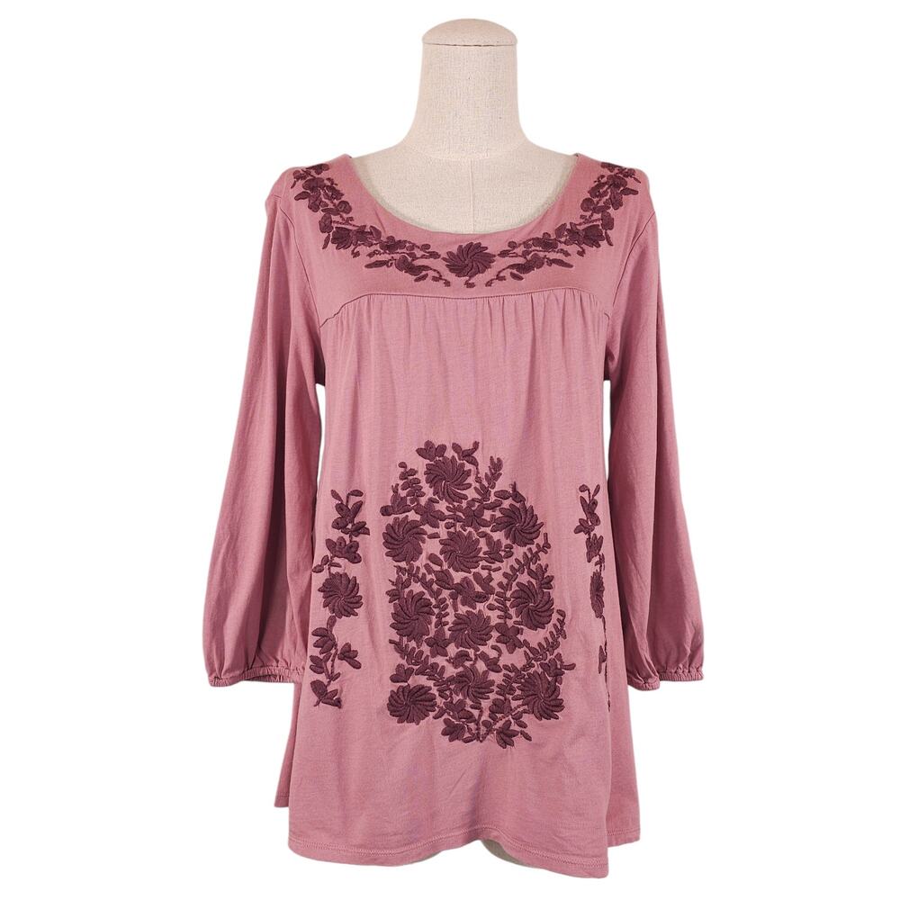 Garnet Hill Folkloric Embroidered Cotton Tee Mauve Pink Sz Medium
